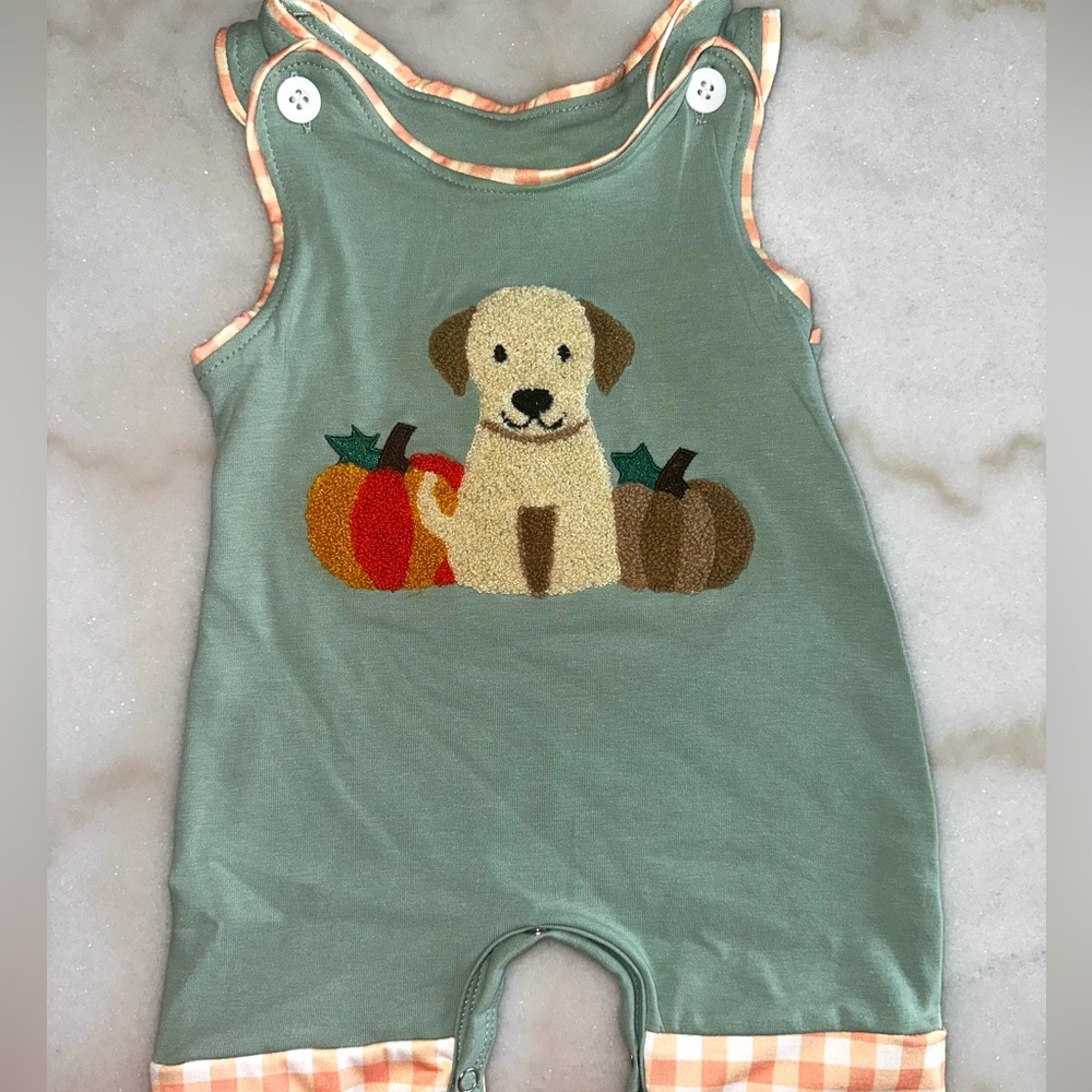 Adorable Green Baby Romper with Puppy and Pumpkin Design